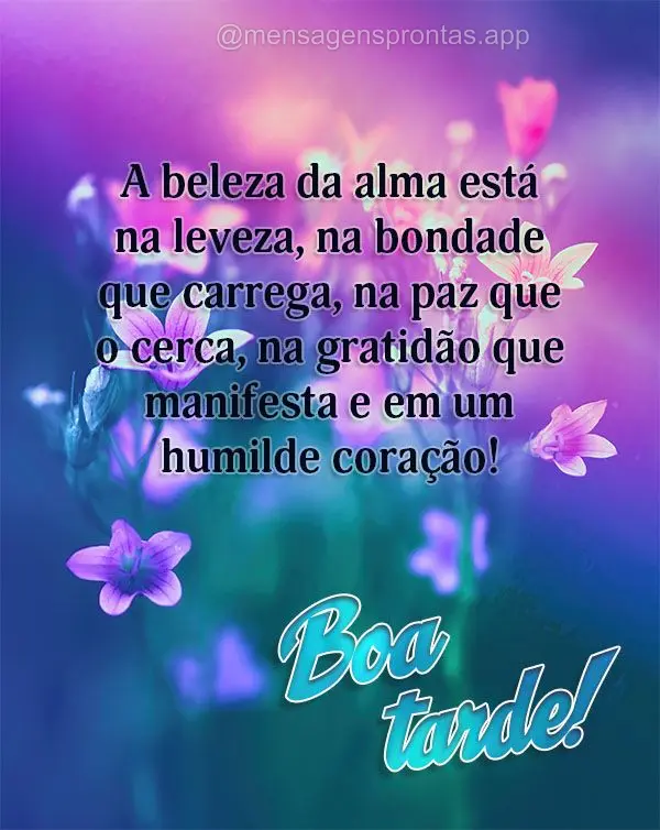 A beleza da alma está na leveza, na bondade que carrega, na paz que o cerca, na gratidão que manifesta e em um humilde coração! Boa tarde!