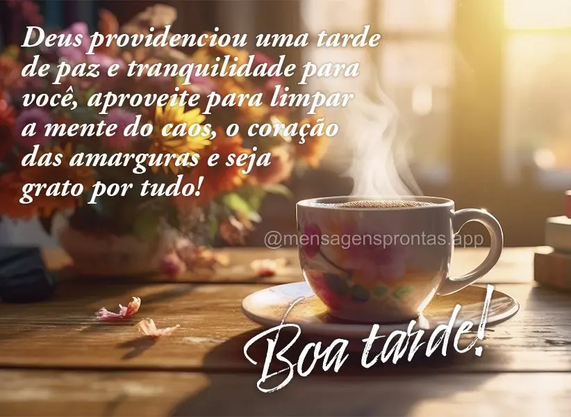 Deus providenciou uma tarde de paz e tranquilidade para você, aproveite para limpar a mente do caos, o coração das amarguras e seja grato por tudo! Bo...
