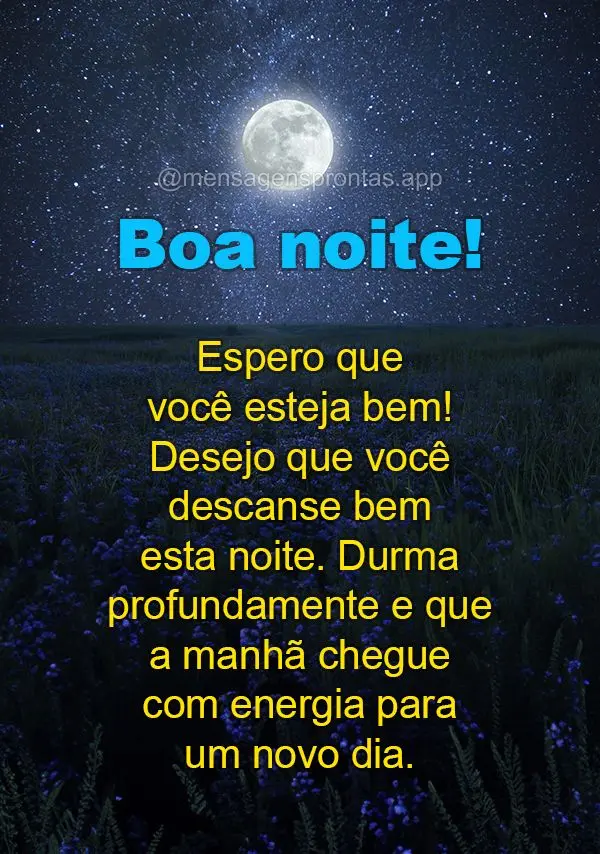 Espero que você esteja bem! Desejo que você descanse bem esta noite. Durma profundamente e que a manhã chegue com energia para um novo dia. Boa noite!...