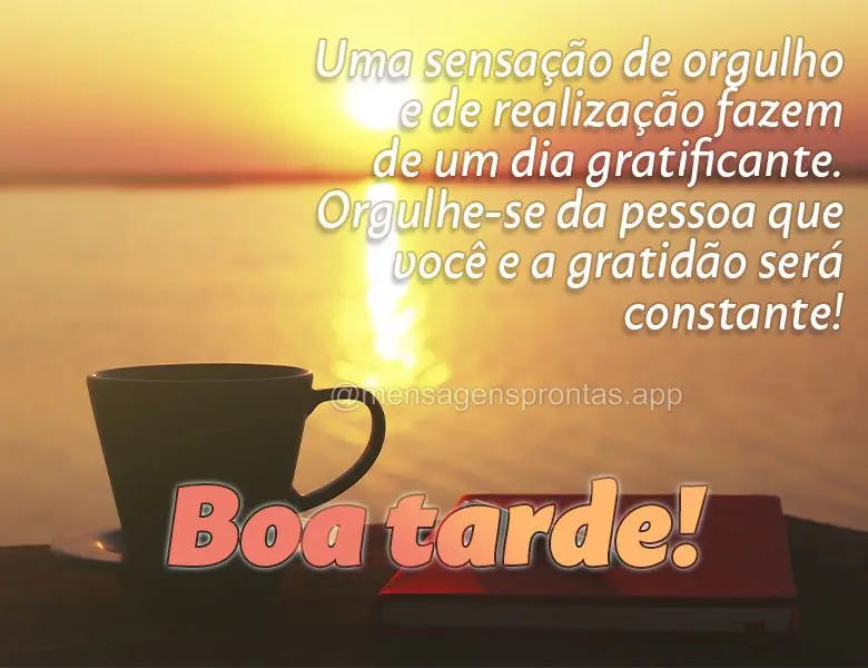 Uma sensação de orgulho e de realização fazem de um dia gratificante. Orgulhe-se da pessoa que você e a gratidão será constante! Boa tarde!