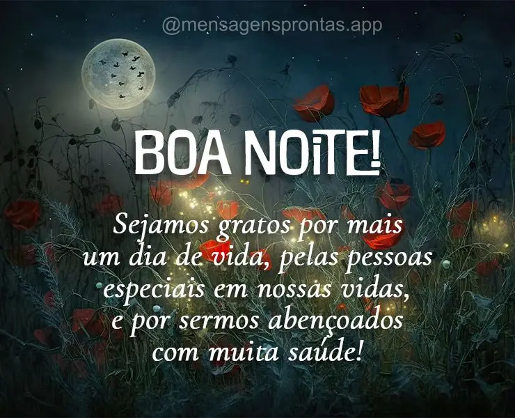 Sejamos gratos por mais um dia de vida, pelas pessoas especiais em nossas vidas, e por sermos abençoados com muita saúde! Boa noite!