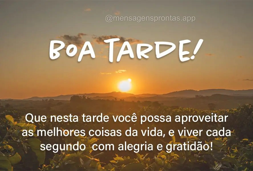 Que nesta tarde você possa aproveitar as melhores coisas da vida, e viver cada segundo  com alegria e gratidão! Boa tarde!