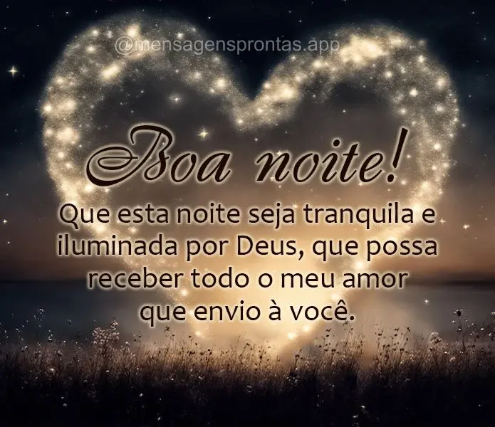 Que esta noite seja tranquila e iluminada por Deus, que possa receber todo o meu amor que envio à você. Boa noite!