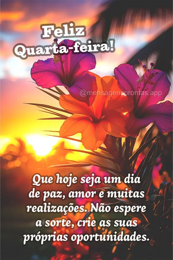 Que hoje seja um dia de paz, amor e muitas realizações. Não espere a sorte, crie as suas próprias oportunidades.  Feliz Quarta-feira!
