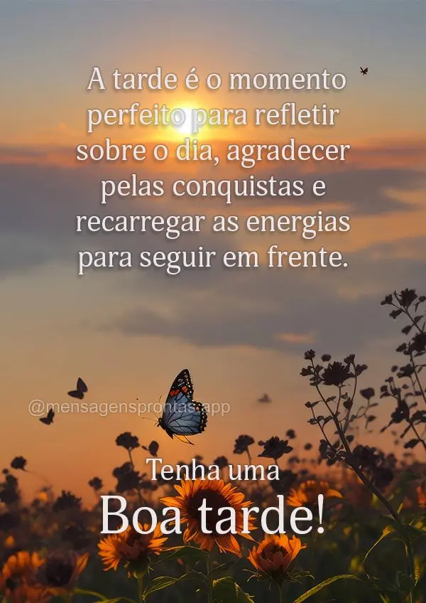 A tarde é o momento perfeito para refletir sobre o dia, agradecer pelas conquistas e recarregar as energias para seguir em frente. Tenha uma boa tarde!...