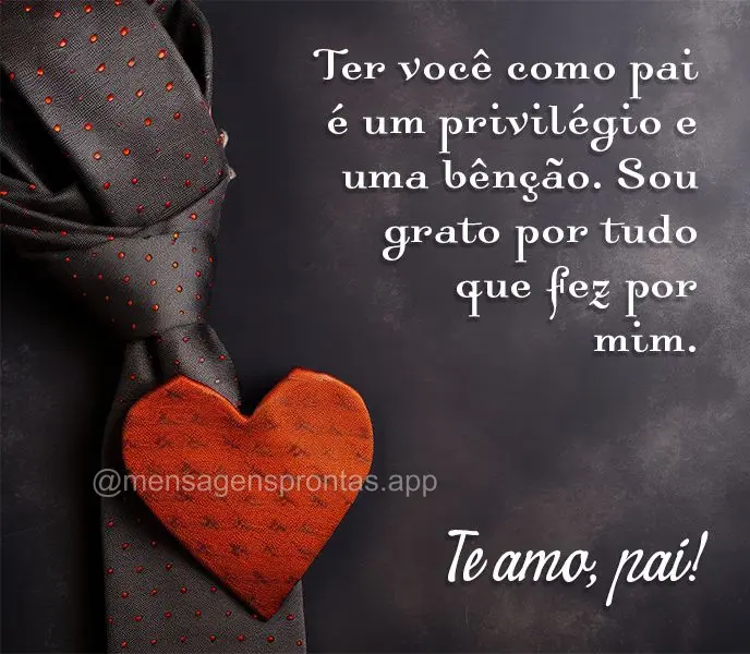 Ter você como pai é um privilégio e uma bênção. Sou grato por tudo que fez por mim.  Te amo, pai!