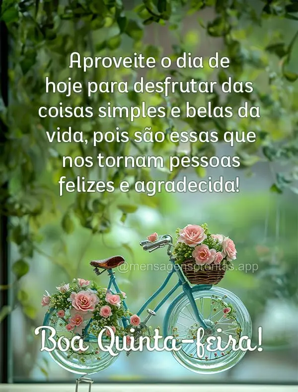 Aproveite o dia de hoje para desfrutar das coisas simples e belas da vida, pois são essas que nos tornam pessoas felizes e agradecida! Boa Quinta-feira!...