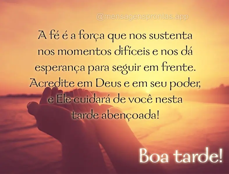 A fé é a força que nos sustenta nos momentos difíceis e nos dá esperança para seguir em frente. Acredite em Deus e em seu poder, e Ele cuidará de ...