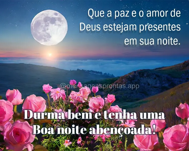 Que a paz e o amor de Deus estejam presentes em sua noite. Durma bem e tenha uma boa noite abençoada! Boa noite!