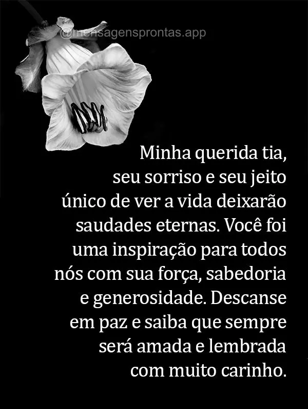 Minha querida tia, seu sorriso e seu jeito único de ver a vida deixarão saudades eternas. Você foi uma inspiração para todos nós com sua força, sa...