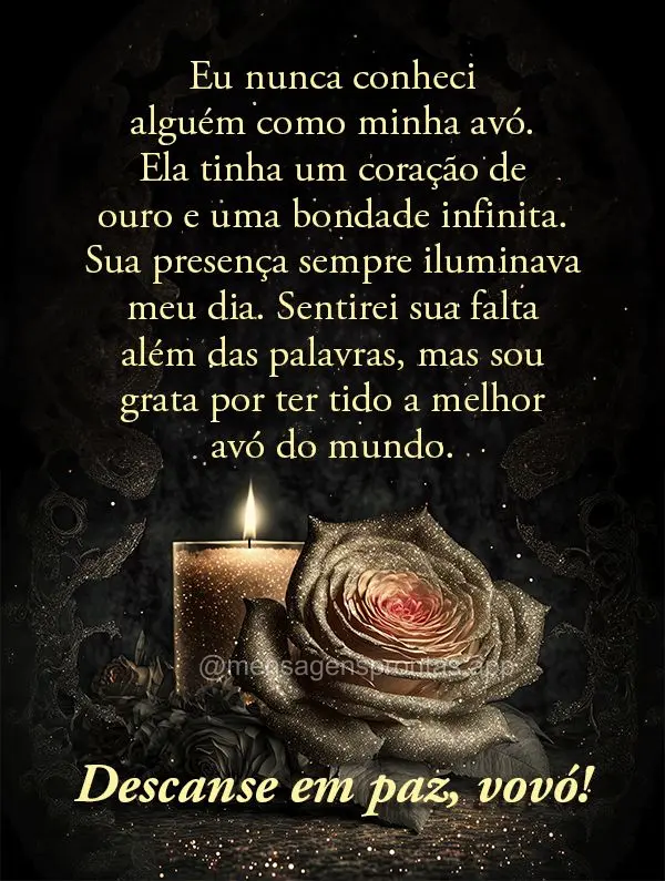 Eu nunca conheci alguém como minha avó. Ela tinha um coração de ouro e uma bondade infinita. Sua presença sempre iluminava meu dia. Sentirei sua fal...
