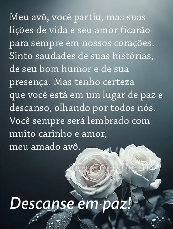 Meu avô, você partiu, mas suas lições de vida e seu amor ficarão para sempre em nossos corações. Sinto saudades de suas histórias, de seu bom hum...