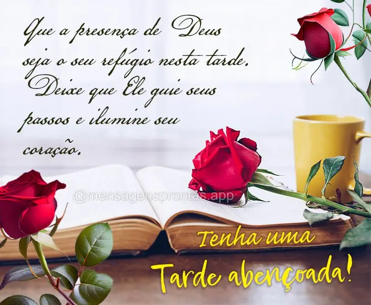 Que a presença de Deus seja o seu refúgio nesta tarde. Deixe que Ele guie seus passos e ilumine seu coração. Tenha uma tarde abençoada!