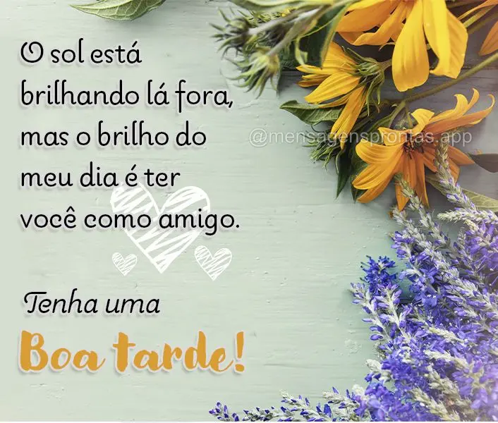 O sol está brilhando lá fora, mas o brilho do meu dia é ter você como amigo. Tenha uma boa tarde!