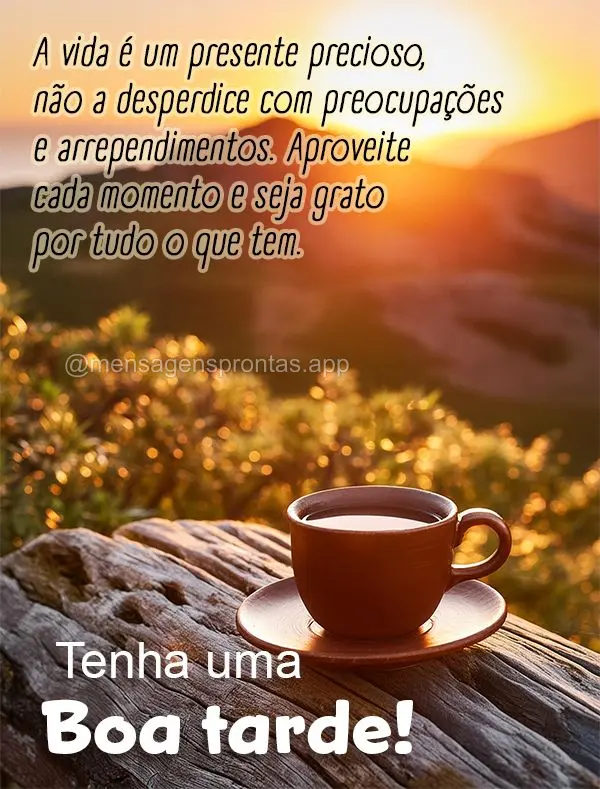 A vida é um presente precioso, não a desperdice com preocupações e arrependimentos. Aproveite cada momento e seja grato por tudo o que tem. Boa tarde...
