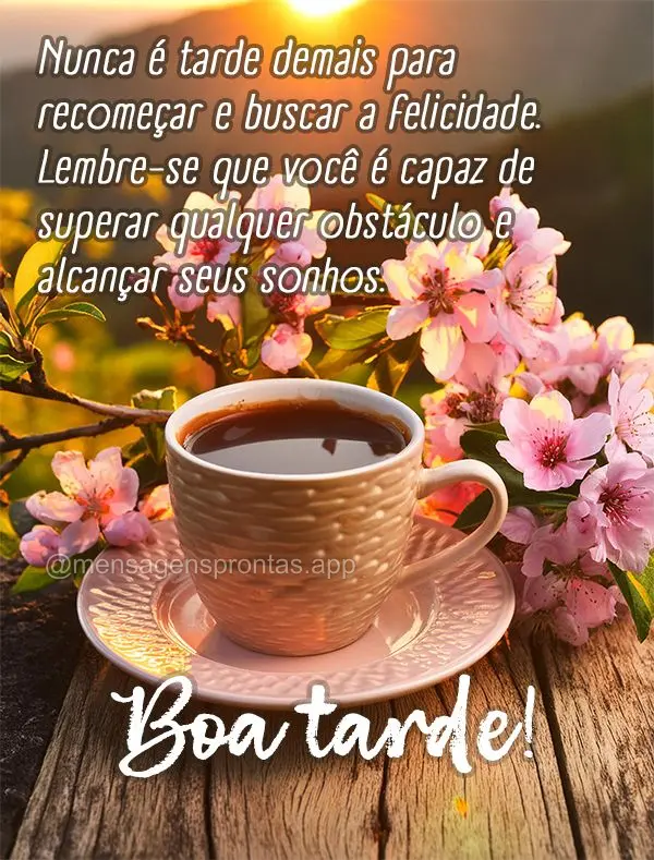 Nunca é tarde demais para recomeçar e buscar a felicidade. Lembre-se que você é capaz de superar qualquer obstáculo e alcançar seus sonhos. Boa tar...