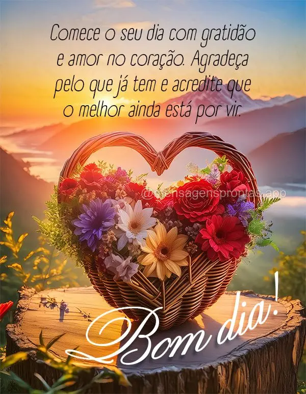 Comece o seu dia com gratidão e amor no coração. Agradeça pelo que já tem e acredite que o melhor ainda está por vir. Bom dia!