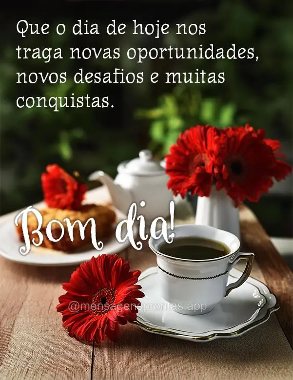 Que o dia de hoje nos traga novas oportunidades, novos desafios e muitas conquistas. Bom dia!