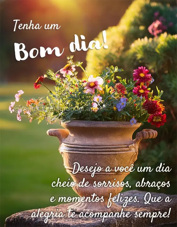 Desejo a você um dia cheio de sorrisos, abraços e momentos felizes. Que a alegria te acompanhe sempre! Tenha um Bom dia!