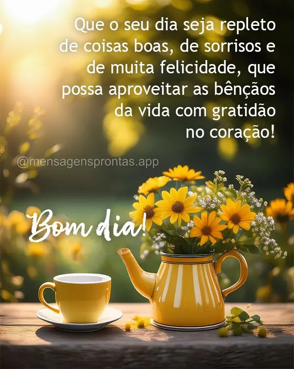 Que o seu dia seja repleto de coisas boas, de sorrisos e de muita felicidade, que possa aproveitar as bênçãos da vida com gratidão no coração! Bom ...