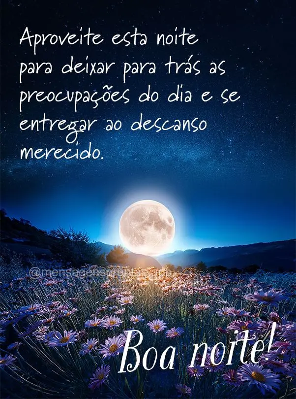 Aproveite esta noite para deixar para trás as preocupações do dia e se entregar ao descanso merecido. Boa noite!