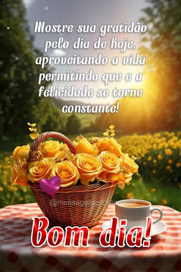 Mostre sua gratidão pelo dia de hoje, aproveitando a vida permitindo que e a felicidade se torne constante!  Bom dia! 