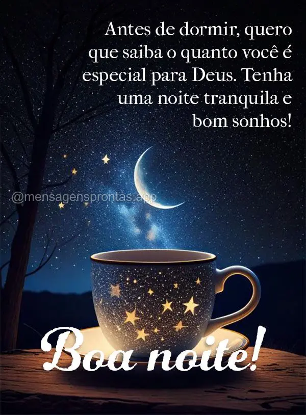 Antes de dormir, quero que saiba o quanto você é especial para Deus. Tenha uma noite tranquila e bom sonhos! Boa noite!