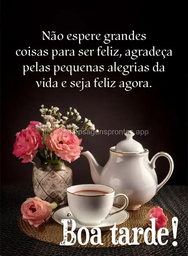 Não espere grandes coisas para ser feliz, agradeça pelas pequenas alegrias da vida e seja feliz agora. Boa tarde!