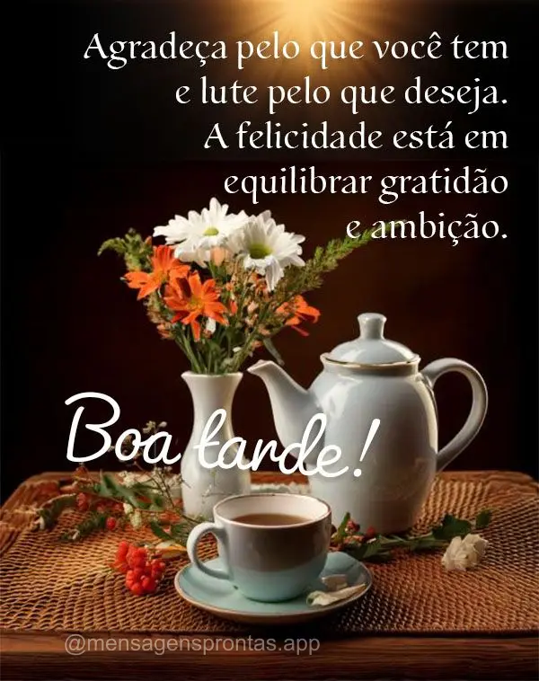 Agradeça pelo que você tem e lute pelo que deseja. A felicidade está em equilibrar gratidão e ambição. Boa tarde!