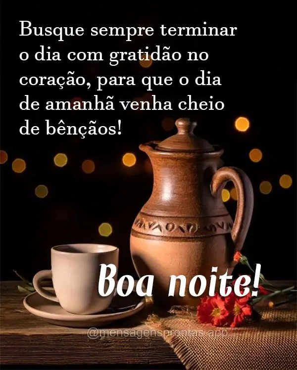 Busque sempre terminar o dia com gratidão no coração, para que o dia de amanhã venha cheio de bênçãos!  Boa noite!