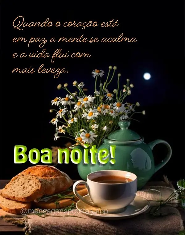 Quando o coração está em paz, a mente se acalma e a vida flui com mais leveza. Boa noite!