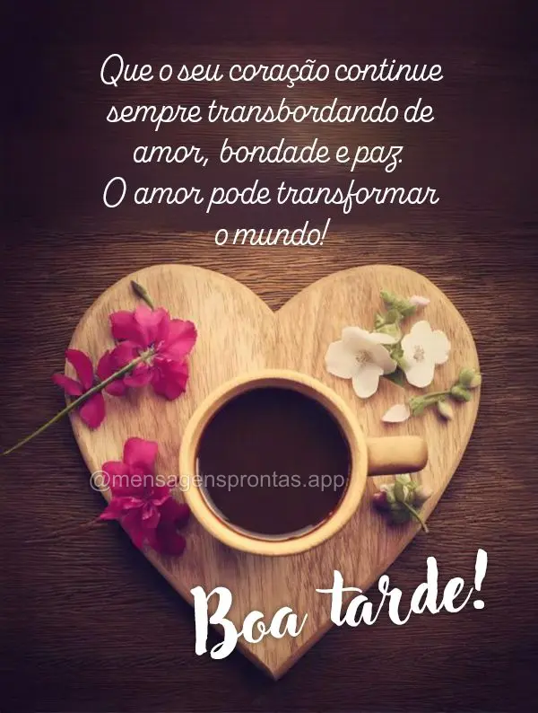 Que o seu coração continue sempre transbordando de amor, bondade e paz. O amor pode transformar o mundo! Boa tarde!