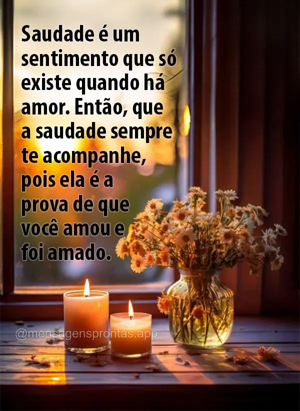 "Saudade é um sentimento que só existe quando há amor. Então, que a saudade sempre te acompanhe, pois ela é a prova de que você amou e foi amado."...