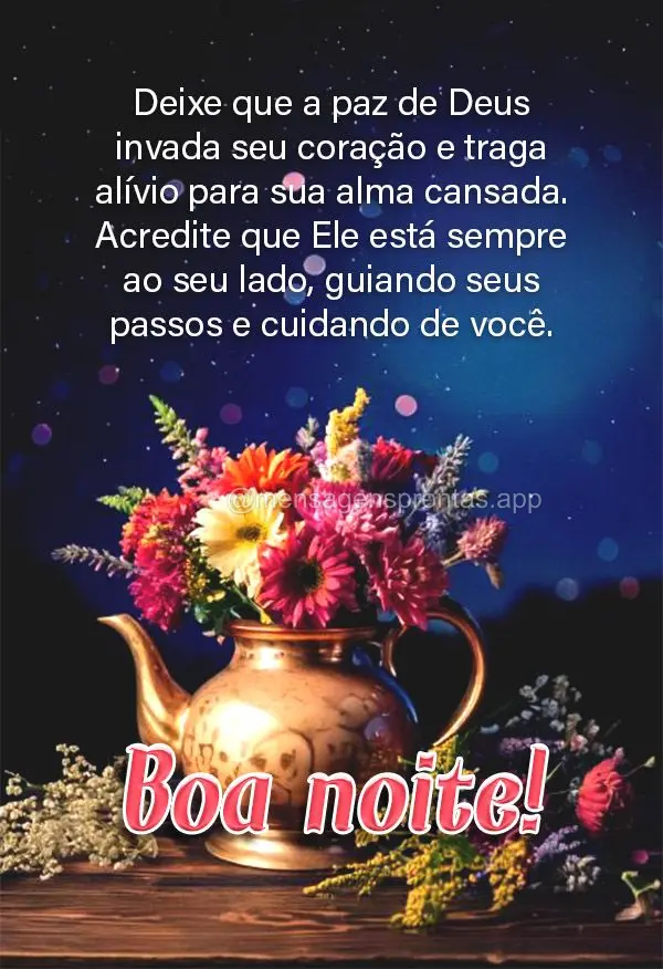 Deixe que a paz de Deus invada seu coração e traga alívio para sua alma cansada. Acredite que Ele está sempre ao seu lado, guiando seus passos e cuid...