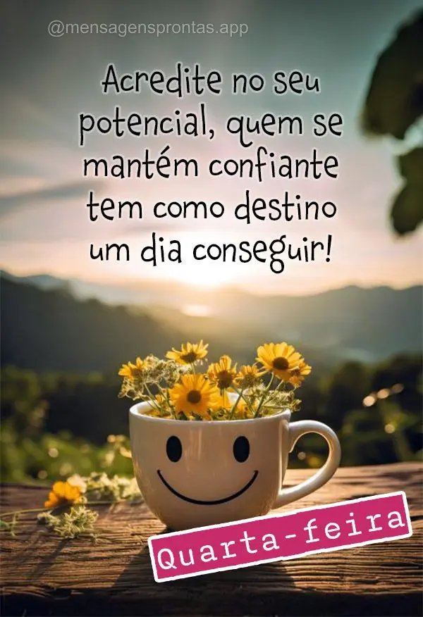 Acredite no seu potencial, quem se mantém confiante tem como destino um dia conseguir!  Quarta-feira