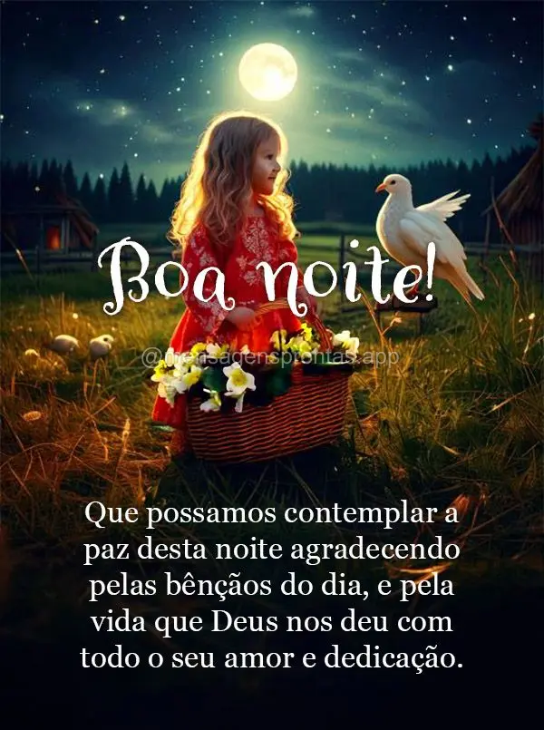 Que possamos contemplar a paz desta noite agradecendo pelas bênçãos do dia, e pela vida que Deus nos deu com todo o seu amor e dedicação. Boa noite!...