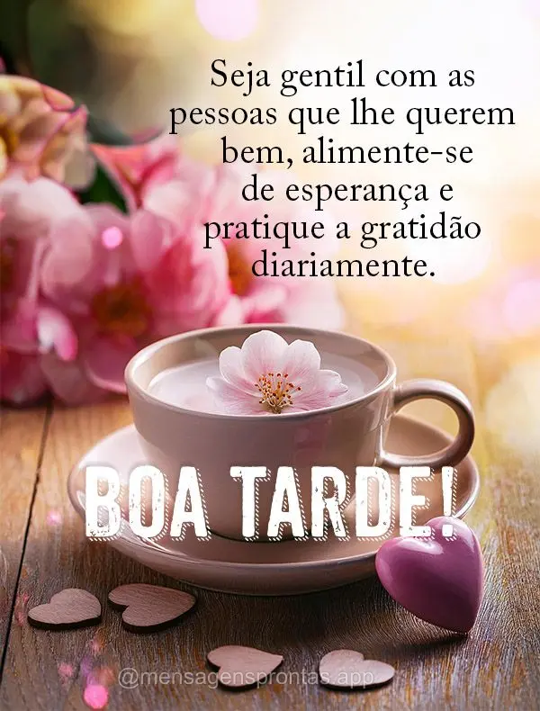 Seja gentil com as pessoas que lhe querem bem, alimente-se de esperança e pratique a gratidão diariamente. Boa tarde!