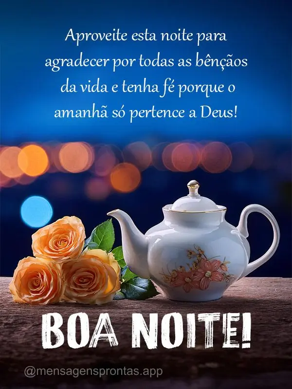 Aproveite esta noite para agradecer por todas as bênçãos da vida e tenha fé porque o amanhã só pertence a Deus!  Boa noite!