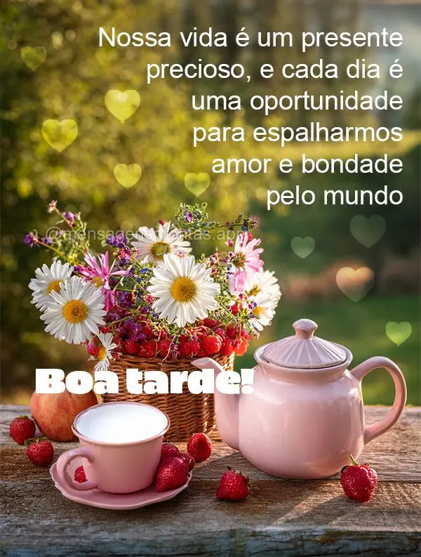Nossa vida é um presente precioso, e cada dia é uma oportunidade para espalharmos amor e bondade pelo mundo. Boa tarde! 