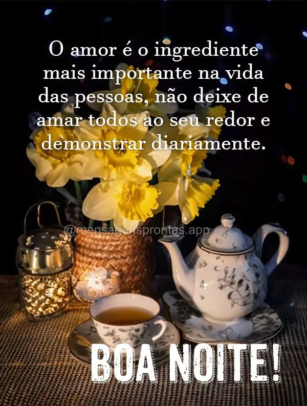 O amor é o ingrediente mais importante na vida das pessoas, não deixe de amar todos ao seu redor e demonstrar diariamente.  Boa noite!
