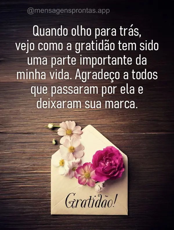 Quando olho para trás, vejo como a gratidão tem sido uma parte importante da minha vida. Agradeço a todos que passaram por ela e deixaram sua marca.  ...
