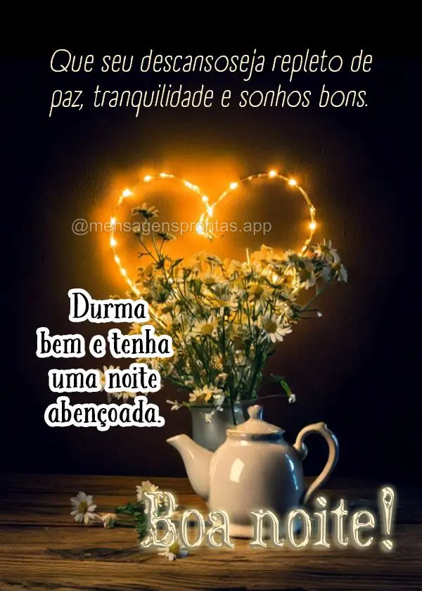 Que seu descanso seja repleto de paz, tranquilidade e sonhos bons. Durma bem e tenha uma noite abençoada. Boa noite!