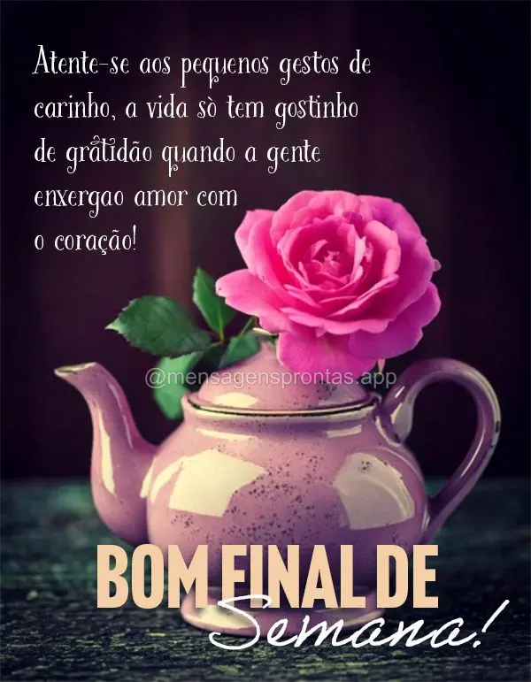 Atente-se aos pequenos gestos de carinho, a vida só tem gostinho de gratidão quando a gente enxerga o amor com o coração! Bom Final de Semana!