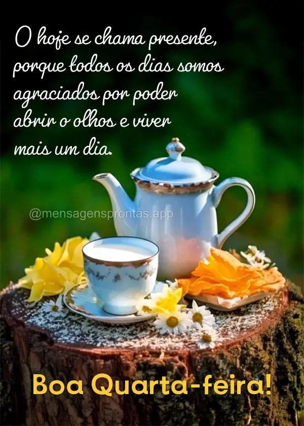 O hoje se chama presente, porque todos os dias somos agraciados por poder abrir o olhos e viver mais um dia.  Boa Quarta-feira!