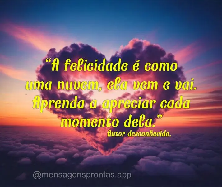 "A felicidade é como uma nuvem, ela vem e vai. Aprenda a apreciar cada momento dela." Autor desconhecido.