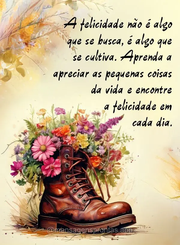 "A felicidade não é algo que se busca, é algo que se cultiva. Aprenda a apreciar as pequenas coisas da vida e encontre a felicidade em cada dia."