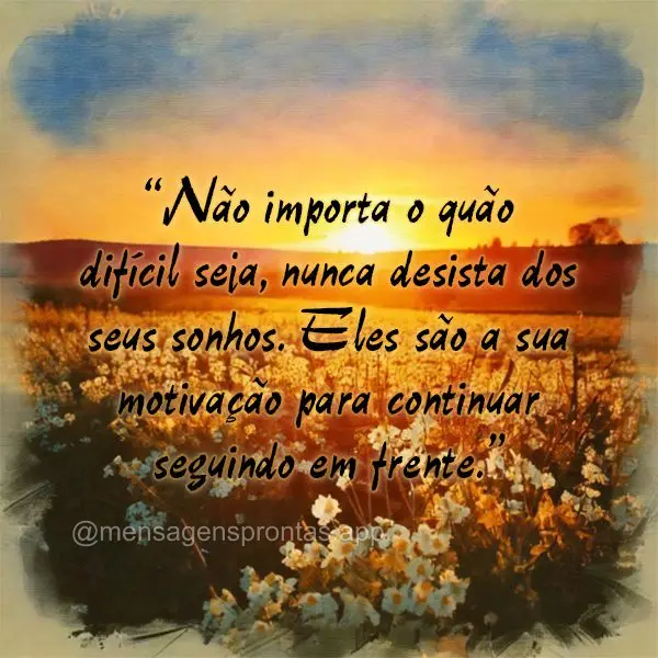 "Não importa o quão difícil seja, nunca desista dos seus sonhos. Eles são a sua motivação para continuar seguindo em frente."