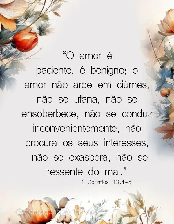 "O amor é paciente, é benigno; o amor não arde em ciúmes, não se ufana, não se ensoberbece, não se conduz inconvenientemente, não procura os seus...