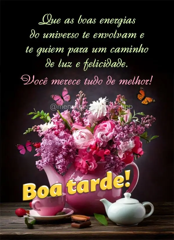 Que as boas energias do universo te envolvam e te guiem para um caminho de luz e felicidade. Você merece tudo de melhor! Boa tarde!