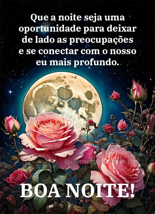 Que a noite seja uma oportunidade para deixar de lado as preocupações e se conectar com o nosso eu mais profundo. Boa noite!